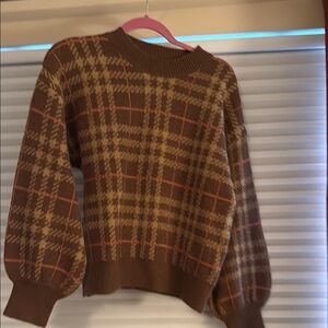 En Saison Brown Crew Neck Sweater with Plaid Pattern
